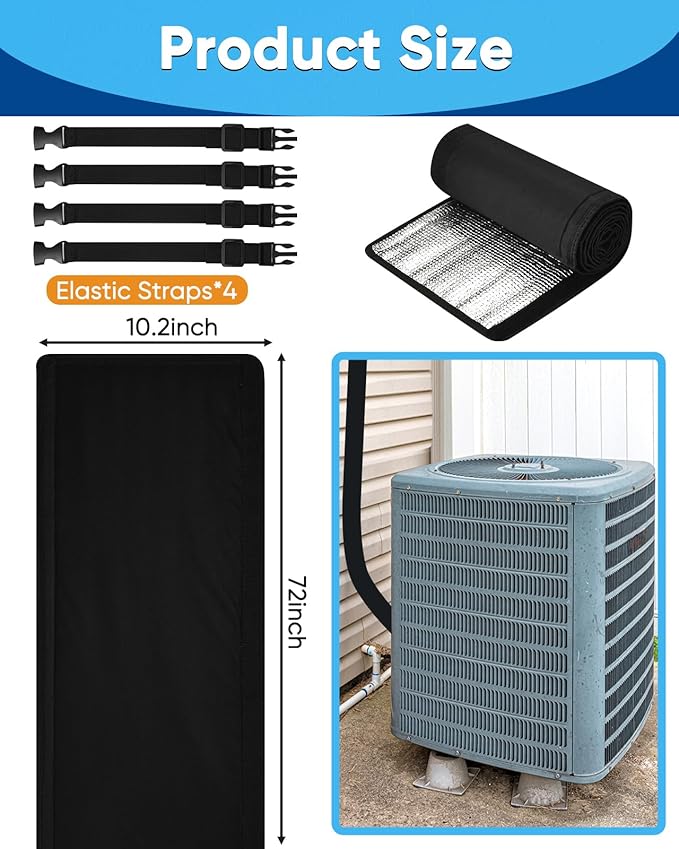 Pipe Insulation, AC Pipe Insulation Outdoor 600D Oxford HVAC Insulation Wrap - 72x10.2 Inch AC Covers for Outside, Easy Install with 3 Adjustable Straps, Black