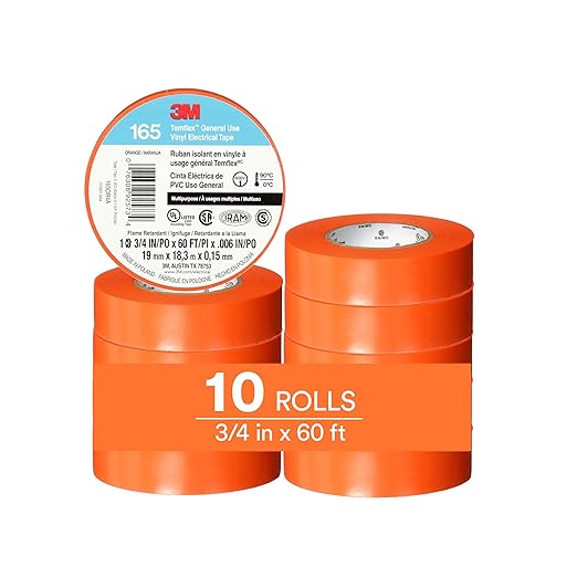 3M Temflex Multi-Purpose Vinyl Electrical Tape 165, Orange, 3/4 in x 60 ft (19 mm x 18 m), 10 Roll Pack