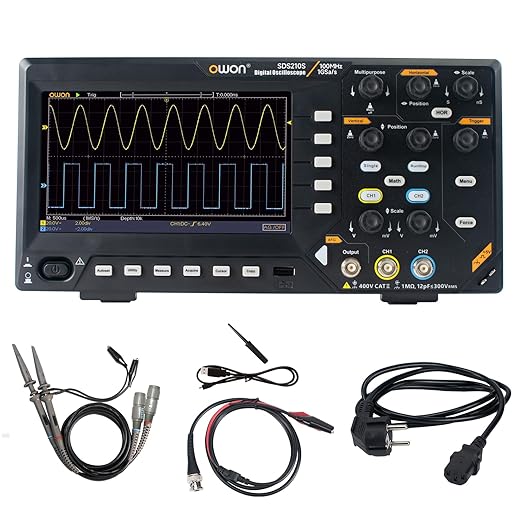 OWON Digital Oscilloscope with Dual-Channel Channels and Screen 7 inch, TFT-LCD Display, Portable Oscilloscope with 1GS/s Sampling Rate, Bandwidth 100MHz,8K Waveform Length,SDS210S