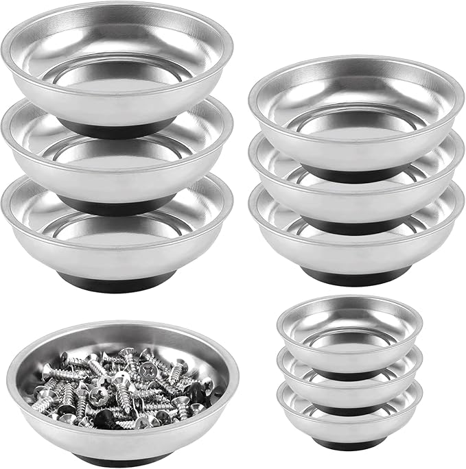 FUNSUEI 9 Packs 3/4/6 Inches Magnetic Tray Set, Stainless Steel Magnetic Bowl, Round Magnetic Parts Tray for Pins, Screws, Bolts, Nuts, Small Parts