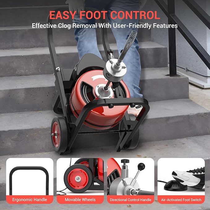 Drain Cleaning Machine 75Ft 1/2 Inch Cable, 450W Auto Feed Portable Electric Sewer Snake, Electric Drain Auger with 6 Cutter Air-Activated Foot Switch for 2" to 4" Pipes