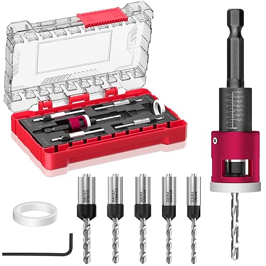 5-Piece Countersink Drill Bit Set with Adjustable Depth Stop, 1/4" Hex Shank Quick Change Drilling Tool Kit, 82° Woodworking Chamfer Bits for Wood, Plywood, MDF, Plastic