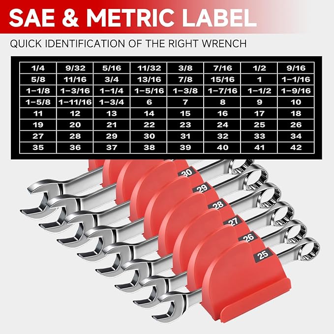 ‌Yaseingoo Magnetic Modular Wrench Organizer Set for Tool Drawers - Customizable Wrench Rack with Metric & SAE Labels, Tool Storage Holder (48-Piece, Strong Magnets) - Gift for Men/Father/Brother-Red
