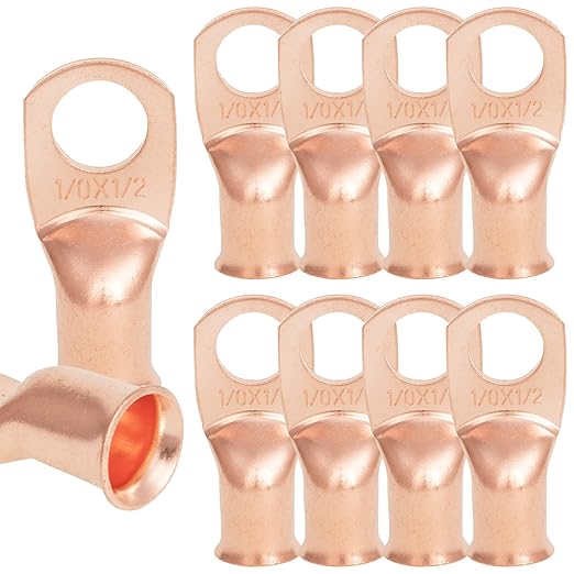 10PCS 1/0AWG - 1/2'' Heavy Duty Copper Terminals,Battery Cable Crimp Lugs,Battery Cable Ends,Bare Copper Eyelets Tubular Ring Terminals,Closed End Crimp Electric Connectors