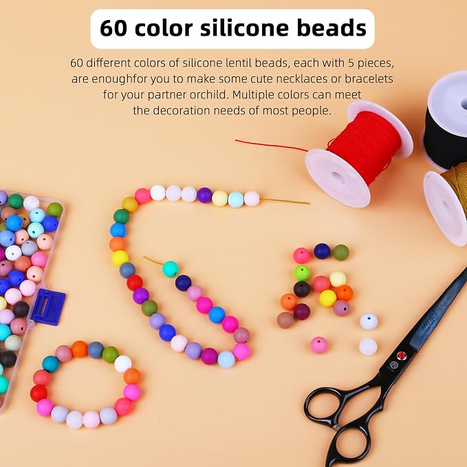 300pcs Silicone Beads for Keychain Making Kit 60 Colors Focal Rubber Round - Image 3