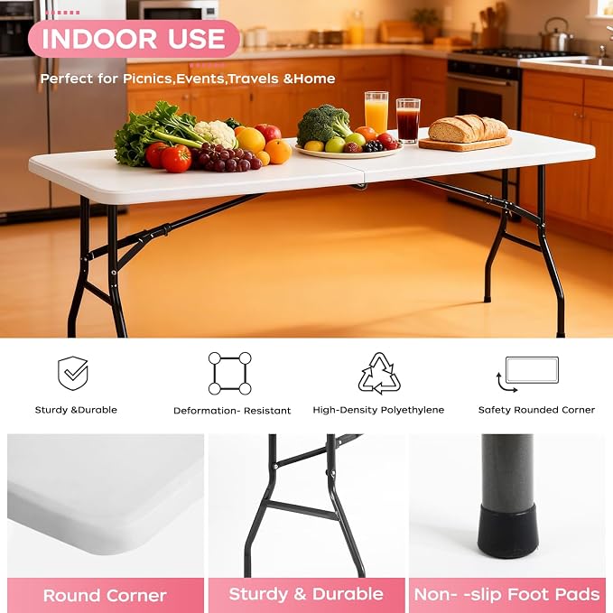 FDW 8FT Folding Table, Portable Fold-in-Half Plastic Picnic Party Table - Image 5