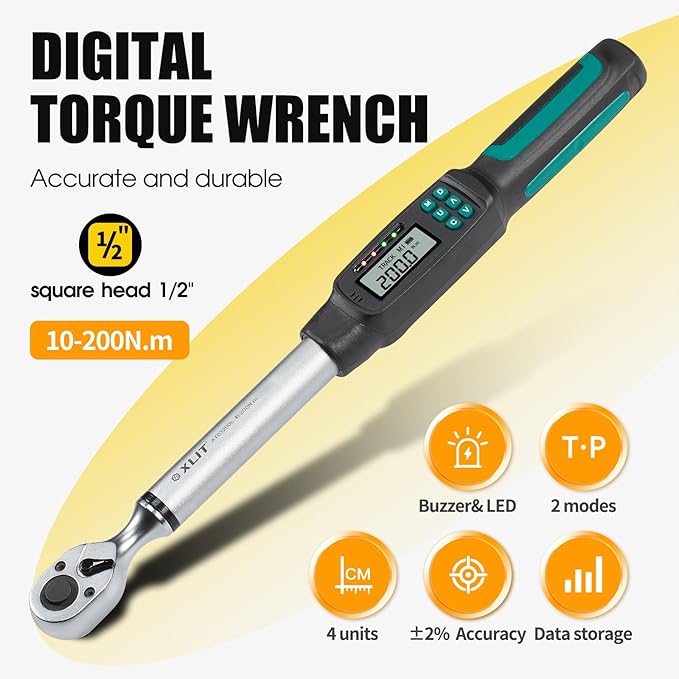 1/2" Drive Digital Torque Wrench with 10-200Nm (7.4-147ft-lb) Range, ±2% Calibrated Accuracy, Smart LED & Buzzer Duo-Alert, and Memory Function for Reliable Automotive, Car, and Truck Lug Nuts