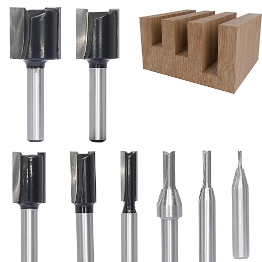 8Pcs Straight Router Bit 1/4 Shank,Cutting Diameter 1/16"-1/8"-3/16"-1/4"-3/8"-1/2"-5/8"-3/4",CNC Carbide Straight Router Bits for Woodworking Routing, Plunging, Dadoing (Wooden Case Package)