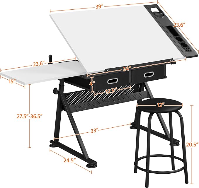 Yaheetech Adjustable Drafting Table Art Desk, Storage Drawers & Stool - Image 3