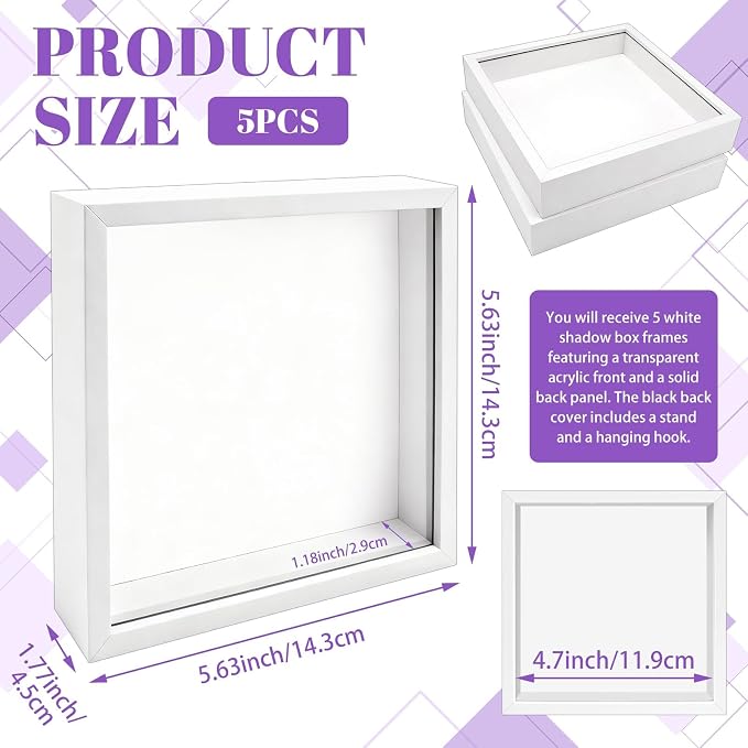 VOKOY 5 Pack 5" x 5" Shadow Box Frame, Small Wood White Hollow Photo Frame - Image 2
