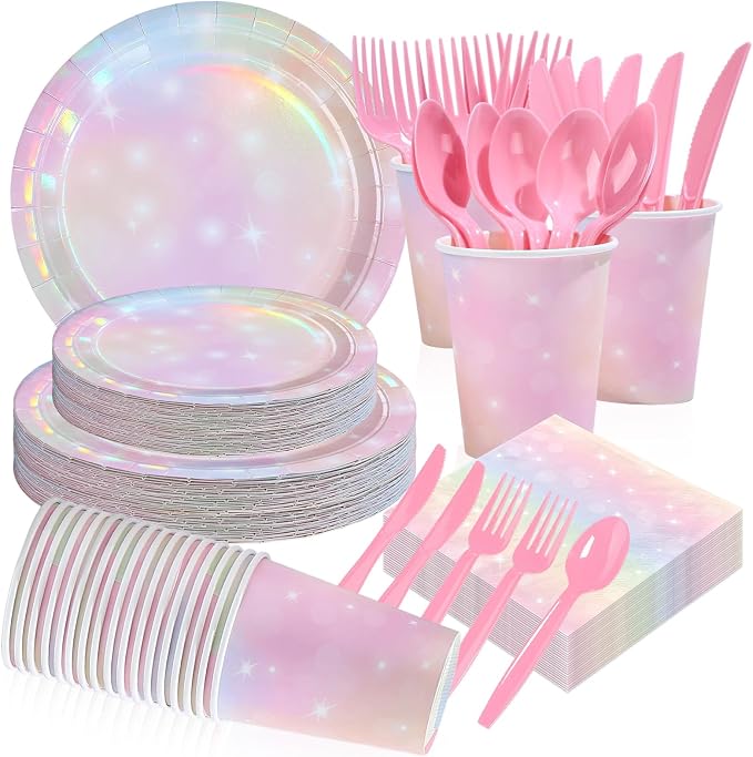 168Pcs Pink Pastel Rainbow Party Decorations Pink Iridescent Plates and Napkins by Greencian