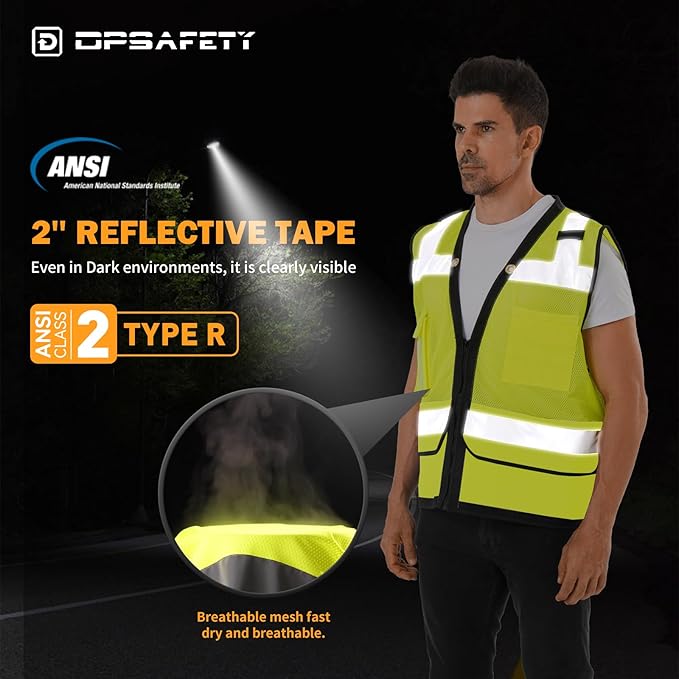 Reflective Safety Vest with Back Pocket, Heavy Duty Hi Vis ANSI/ISEA Standard Vest - Men & Women (Lime, 5XL)
