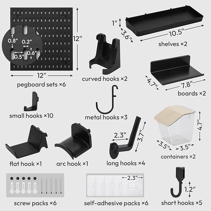 6Pcs Black Peg Board Wall Organizer, Plastic Pegboard Panel, Garage Storage Tool Organizer for Wall, Craft Room, Kitchen, Workshop, Office, Includes Hooks and Bins