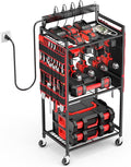 JUNNUJ Garage Large Power Tool Organizer Cart with 8 Outlet 3 USB Charging Station, Floor Rolling Drill and Tools Battery Storage Cart on Wheels, Heavy Duty Utility Rack Shelf with Power Strip