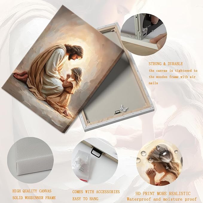 Jesus Praying with Girl Wall Art Canvas Print Jesus with Children Wall Decor - Image 2