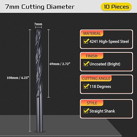 Drill Bit, 7mm Cutting Diameter, 4241 HSS Nitriding Black 118° Cutting Angle Versatile Jobber Bits - (Applications: for Drilling Plastic Wood Soft Metal), 10-Pieces