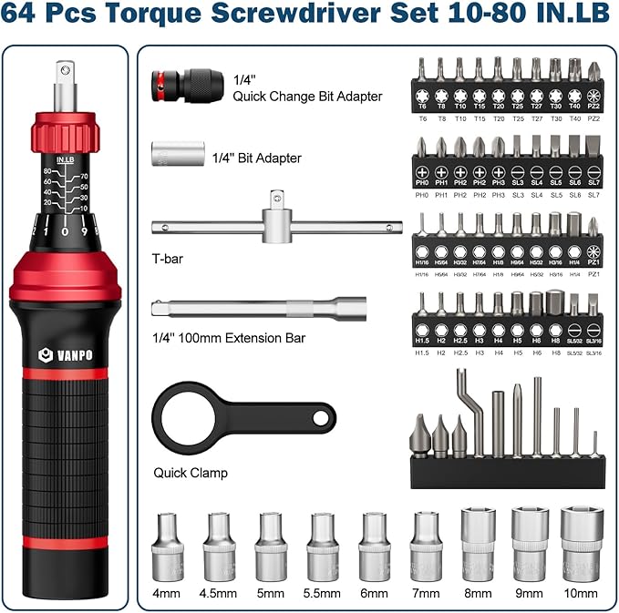 Torque Screwdriver, 64 Pcs 10-80 Inch Pound Torque Screwdriver Set with T-bar Handle, Flat, Hex, Torx, and Bits,Torque Wrench Screwdriver for Tools, Bike Repairing and Mounting