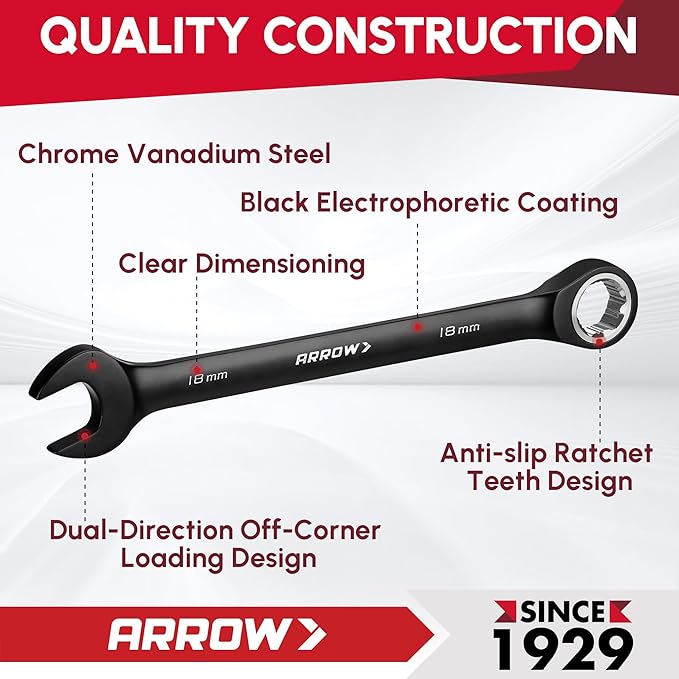 ARROW 12PCS Metric Ratcheting Wrench Set, Anti-Slip 6-18mm Combination Ratchet Wrench Set with Black Magnetic Tool Holder, Premium CRV Material, 72-Teeth, Corrosion-Resistant, Easy to Carry & Store
