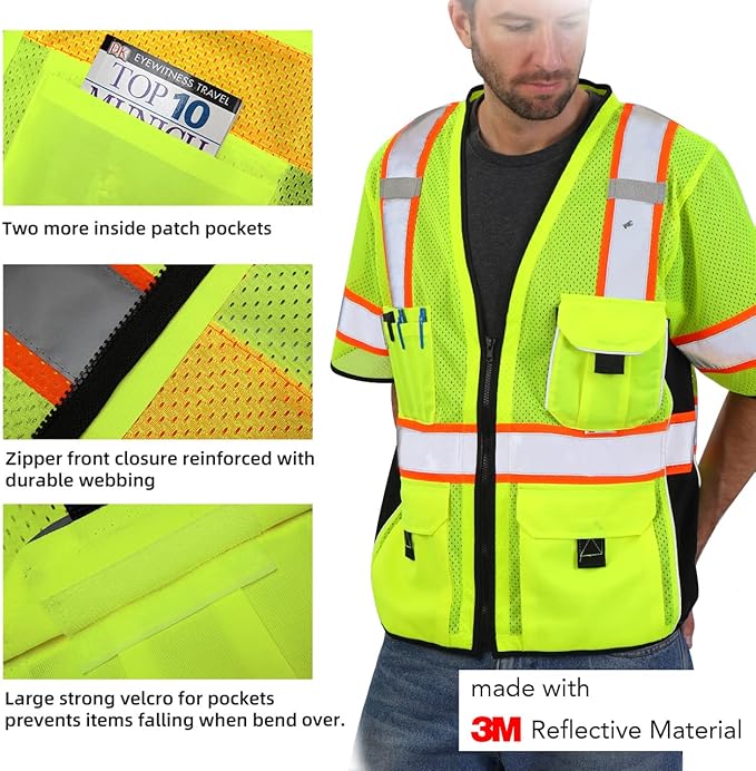 Dib Safety Reflective Mesh Vest ANSI Class 3, High Visibility with Pockets and Zipper, Made with 3M Reflective Tape, Yellow L