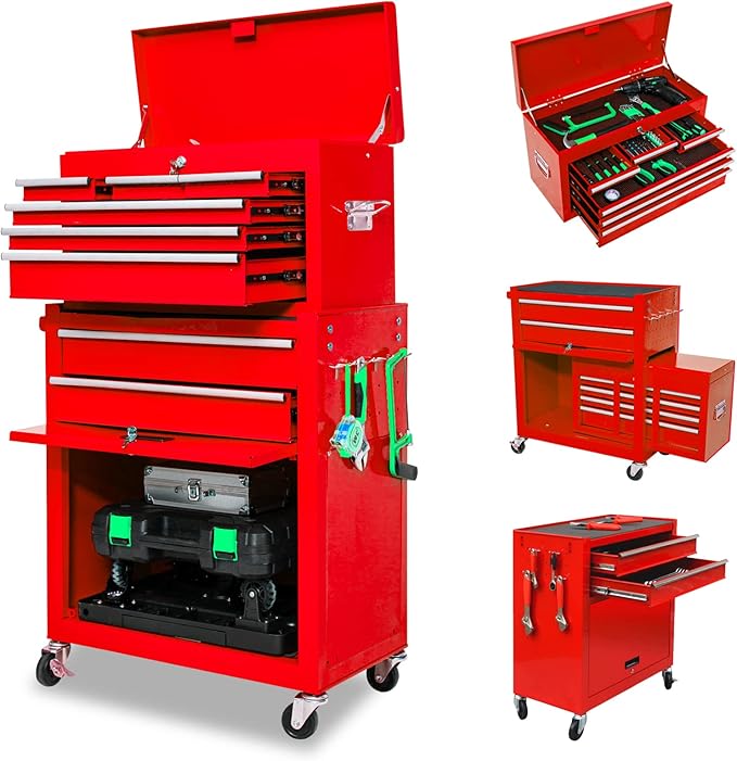 8-Drawer High Capacity Rolling Tool Chest, Big Storage Removable Tool Box Combo, Lockable Drawer Tool Cabinet for Workshop and Garage (Red)