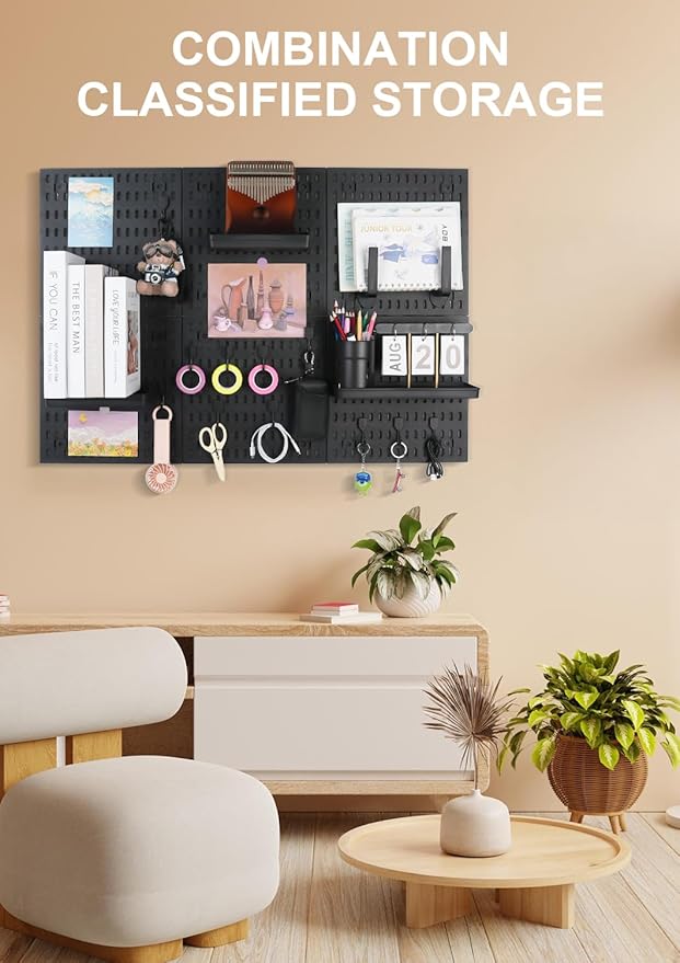 Pegboard Wall Organizer Kit – Heavy Duty 20lbs Load Bearing, Easy Installation, 4 Peg Board Panels 14 Accessories – Multi-Surface Use For Garage, Office, Kitchen & Crafts (Black Pegboard,24″×24″)