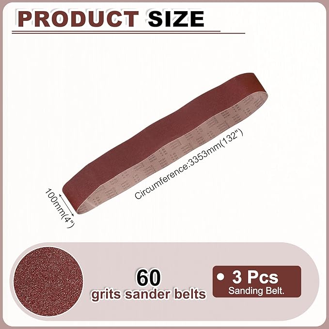HARFINGTON 4 x 132 Inch Sanding Belts, 3 Pcs 60 Grit Aluminum Oxide Abrasive Belt Sander File Belt for Woodworking, Metal Polishing, Knife Sharpener