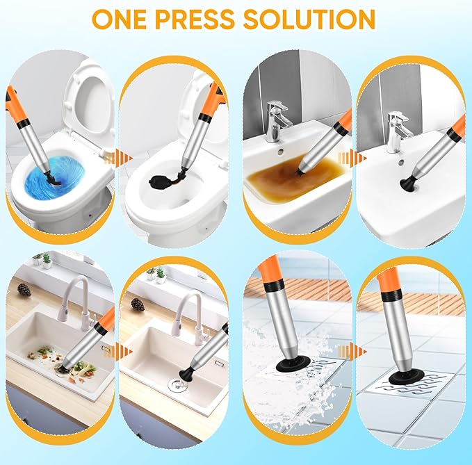 Electric Toilet Plunger, High Pressure Toilet Snake Drain Clog Remover, Splash-Free Unclogger with Drain Snake Auger, Plungers for Bathroom Heavy Duty, Versatile Air Blaster Unclogger Kit (Orange)