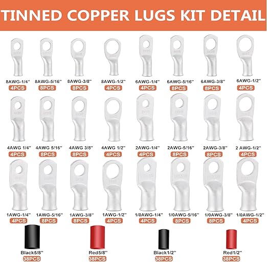296PCS Tinned Ring Terminals 8 AWG 6 AWG 4 AWG 2 AWG 1 AWG 1/0 AWG Heat Shrink Tubing Set Copper Wire Lugs 5/16", 3/8", 1/4", 1/2", 144Pcs Battery Cable Ends and 152PCS Heat Shrink Tubing