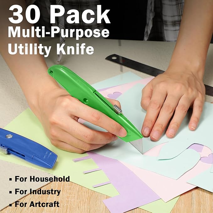 Reginary 30 Pcs Box Cutter Bulk Retractable Blade Utility Knife Heavy Duty Aluminum Alloy Razor Shell Knife for Cartons, Cardboard and Boxes, DIY, Factory, Home(Red, Green, Blue)