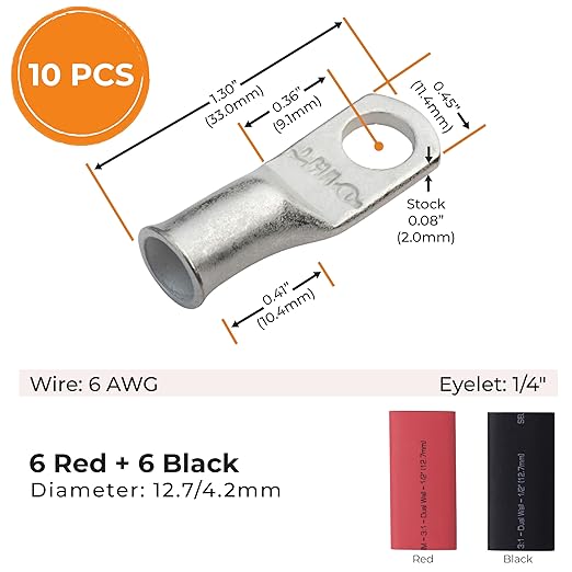 SELTERM 10pcs - 6 Awg - 1/4" Stud - Battery Lugs - Ring Terminal Connectors | with 12pcs 3:1 Black & Red Heat Shrink Tubing with Adhesive | Heavy Duty Battery Cable Ends - Tinned Copper Wire Lugs Kit