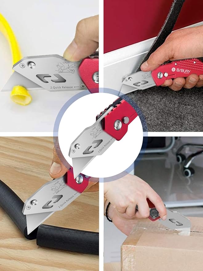 Utility Knife, BIBURY Upgraded Version Heavy Duty Box Cutter, Pocket Carpet knife with 10 Replaceable SK5 Stainless Steel Blades, Belt Clip, Easy Release Button, Quick Change and Safety Lock-Red
