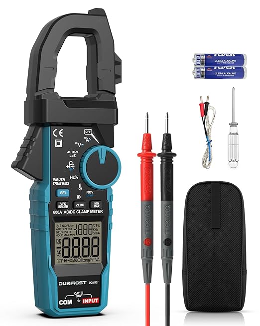 Clamp Meter DURFICST Digital Inrush Clamp Multimeter AC/DC 600A 6000 Counts Amp Voltage Tester with VFD, LOZ Mode，Measures AC/DC Current Voltage NCV Temperature Resistance Capacitance Frequency