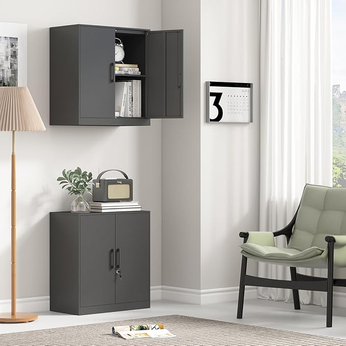 Metal Wall Cabinet,Garage Wall Cabinet with Handle,Lockable Storage Cabinets Wall Mounted with 2 Doors,Locking Cabinet with Shelves for Basement,Living Home,Black