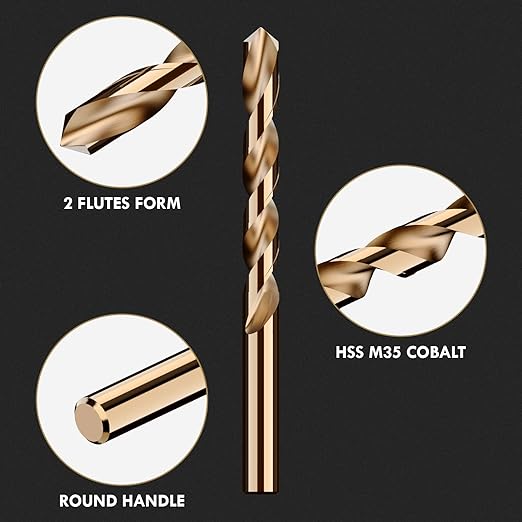 1/2" (5pcs) Cobalt Drill Bit Set, M35 High Speed Steel Jobber Length Drill Bit Kit for Hardened Metal, Stainless Steel, Cast Iron, Wood and Plastic, with Index Storage Case