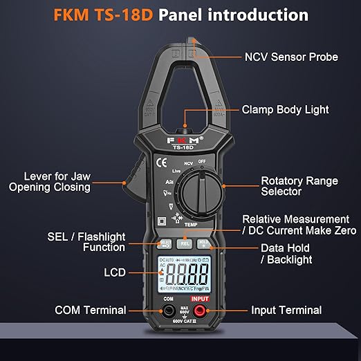 FKM Digital Clamp Meter Multimeter Tester TRMS 6000 Counts Auto-ranging Amp Smart Voltage Tester,for AC/DC Current,AC/DC Voltage,NCV Detection,Resistance,Capacitance,Continuity,Diode,Hz,Temp Test