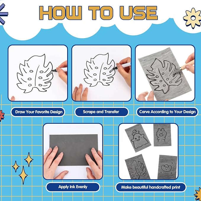 MotiMind 48 Pcs Gray Linoleum Block Rubber Stamp Carving Blocks Soft Linocut - Image 4
