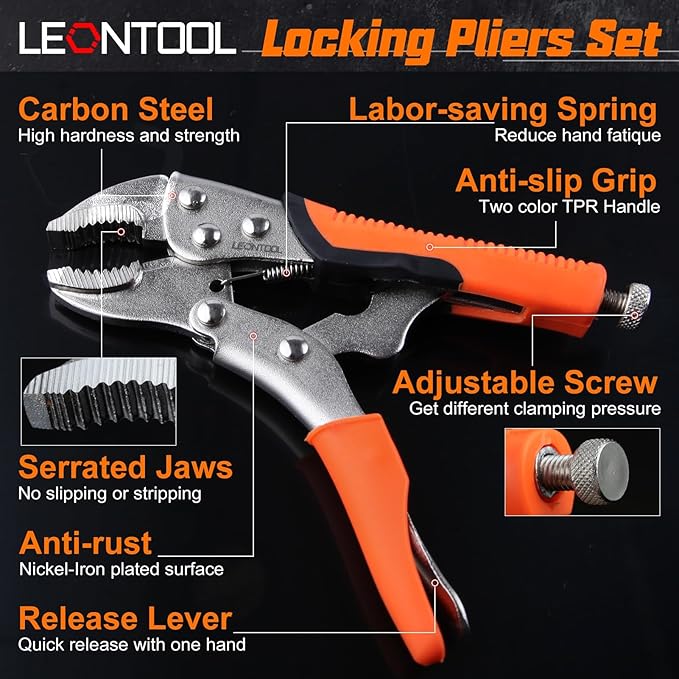 6-Piece Locking Pliers Set, Vice Grips Pliers Set, 5", 7" and 10" Curved Jaw Locking Pliers, 6-1/2", 9-1/2" Long Nose Locking Pliers 6" Locking C-Clamp for Welding Metal Bending Woodworking