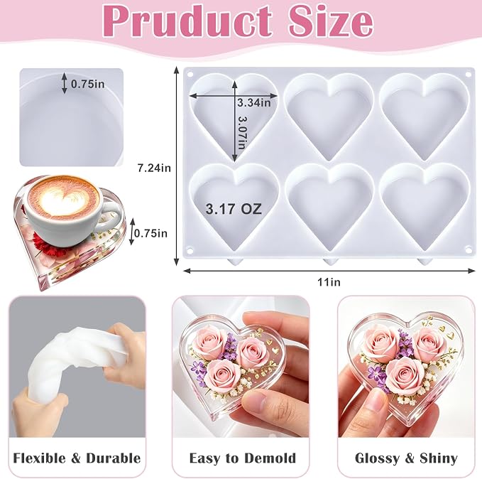 YOILES Deep Coaster Resin Molds Silicone Heart Silicone Molds - Image 2