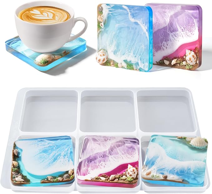 HeyClear Coaster Resin Molds, 6-Cavity Square Coaster Silicone Molds, Silicone by HeyClearResin