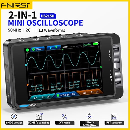 FNIRSI DS215H 2-in-1 Handheld Oscilloscope 50MHz, 2 Channel Digital Portable Oscilloscope DDS Signal Generator, 250MS/s Sampling, 1Kpts Record Length, 3.5-inch IPS Screen, Waveform Storage and Export