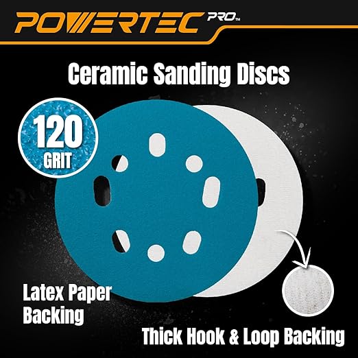 POWERTEC PRO 50PK, 5 Inch Sanding Discs Hook and Loop, 120 Grit, Ceramic Orbital Sander Sandpaper for 5 & 8 Hole Random Orbital Sanders - Automotive, Paint, Metal, Woodworking (45312C-50)