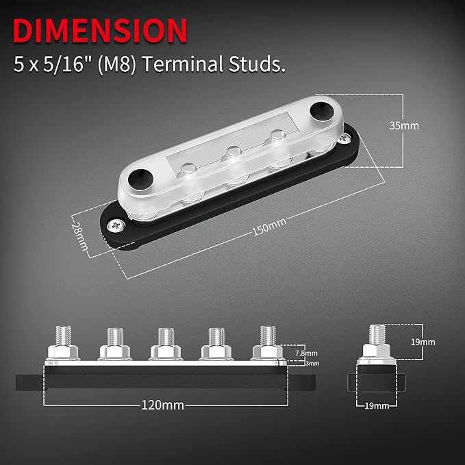 DAIERTEK 12V Bus Bar 5 x 5/16" (M8) Terminal Studs 12V Power Distribution Block with Cover Max 300V AC 48V DC Positive & Negative Battery Distribution Block for Automotive Car Boat