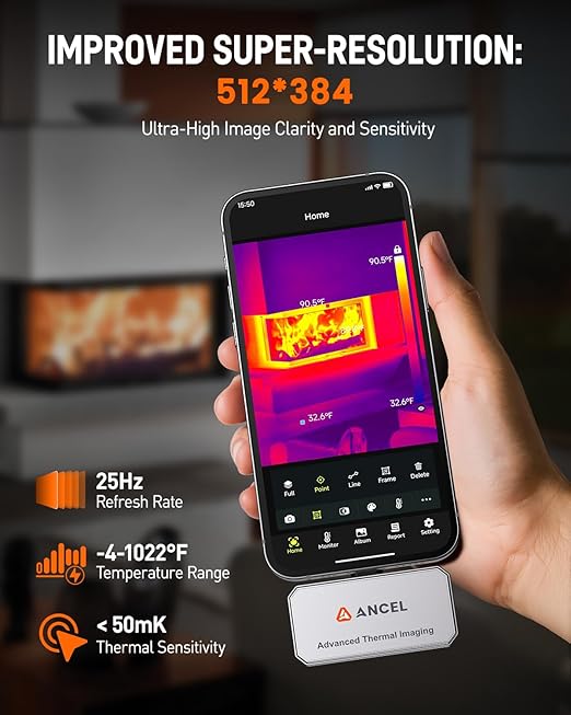 ANCEL IR101 Thermal Camera, 512x384 IR Resolution Thermal Imaging Camera for iPhone iPad (iOS) with Lightning Port, 25Hz Frame Rate Infrared Camera for Home/Pets/Electrical/Industrial/PCB Inspection