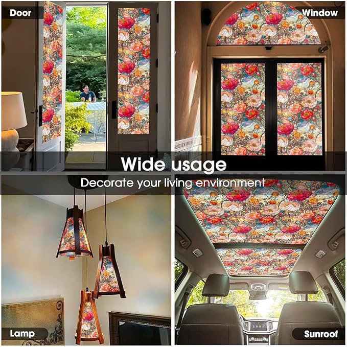 Red Cream Beige Peony Floral Stained Glass Window Films Decorative Double-Side - Image 5