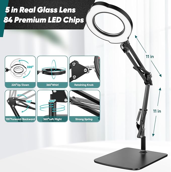 10X Magnifying Glass with Light and Stand，Real Glass Lens 5 Color Modes Dimmable LED Lighted Magnifier with Swing Arm Hands Free Magnifying Desk Lamp for Crafts Sewing Painting Reading Close Work