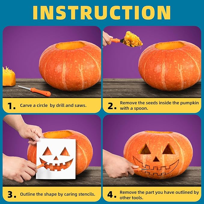 inin 12PCS Halloween Pumpkin Carving Kit with 12 Stencils & Hand Bag,Stainless Steel Pumpkin Carving Tools,Professional Pumpkin Decorating Set,Halloween Decorations for Kids & Adluts.