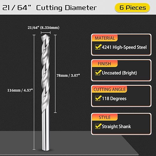 Drill Bit, 21/64" Cutting Diameter, 4241 HSS 118° Cutting Angle Uncoated Bright Versatile Jobber Bits - (Applications: for Drilling Plastic Wood Soft Metal), 6-Pieces