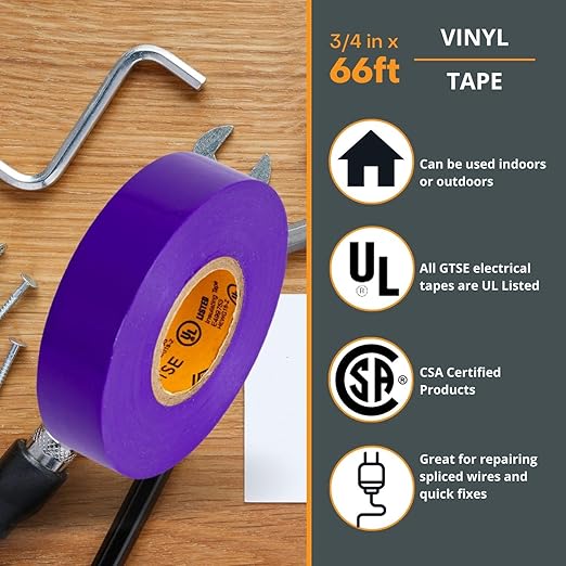 GTSE Purple Electrical Tape, 10 Rolls – Waterproof, Industrial Grade Vinyl, 3/4 in x 66ft– Strong Self-Adhesive PVC Electric Tape for Wire Insulation, 7 Mil, 600V – UL/CSA Listed