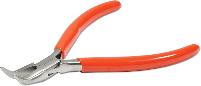 The Beadsmith Slim Line Bent Chain Nose Pliers, 4.75 inches (120mm) with polished steel head, red PVC comfort grip handle with double-leaf spring, tool for jewelry making