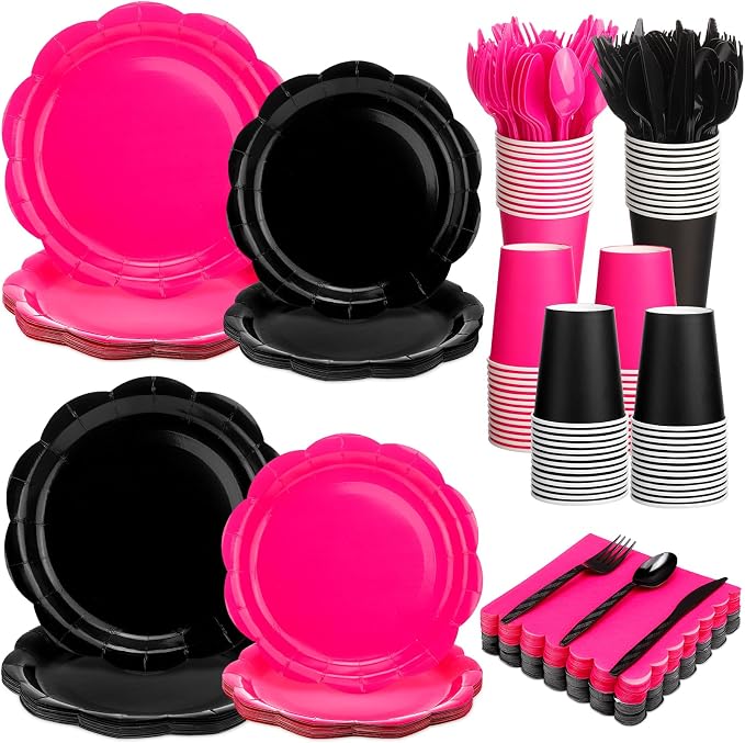 Pickmesh 400 Pcs Hot Pink and Black Birthday Party Supplies Include Hot Pink by Pickmesh